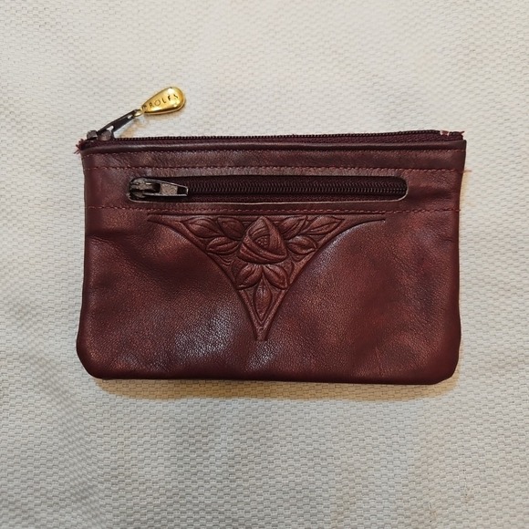 Rolfs Vintage 80's Women's Coin Change Purse Key Ring Zipper Deep Red Embossed - Picture 2 of 6